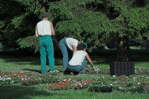 The image depicts three individuals engaged in gardening activities in an outdoor garden space, likely in a backyard or a public park near East Ham, with a lush, green hedge or tree providing a dense background. One person, standing on the left, wears a sleeveless top and teal trousers, observing the others. The second person, in the middle, is bent over, planting or tending to a flower bed, wearing a cap, a light-colored top, and dark trousers. The third individual, positioned to the right, is crouching and appears to be planting or weeding among colorful flower beds that contain a variety of pink, red, and white flowers, bordered by dark mulch or soil. The garden features a well-maintained lawn with dense, healthy grass, and a paved or tiled pathway runs adjacent to the flower bed, contributing to its landscaped appearance. The scene indicates active gardening work, supported by local gardening and landscaping services such as those offered by Landscapers East Ham, with a focus on outdoor care and flower bed creation, set in good weather conditions with ample daylight highlighting the vibrant plant colors and lush greenery.