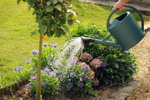 In a well-maintained garden, a person is watering a flower bed with a dark green watering can, surrounded by lush green foliage and flowering plants with purple and brownish blooms. The garden features a neatly edged flower bed bordered with small wooden planks, with healthy grass covering the lawn area in the background. There is a young tree supported by a stake and a tall hedge or shrubbery that provides privacy and structure to the outdoor space. The scene suggests a mild, bright day, ideal for outdoor gardening, with natural sunlight illuminating the plants and casting mild shadows. This setting exemplifies careful garden maintenance typical of residential landscaping services in East Ham, where driving a lush, healthy garden with diverse plantings is common, and water features are a regular part of garden upkeep provided by companies like Landscapers East Ham.